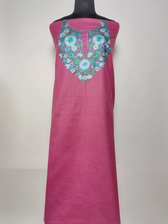 Daniya Smitten Pink 2pc Kashmiri Unstiched Suit with Aari Embroidery in Ruby Cotton