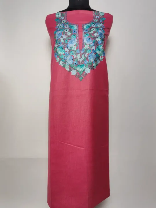 Dilruba Pink 2pc Kashmiri Suit Material in Ruby Cotton with Aari Embroidery