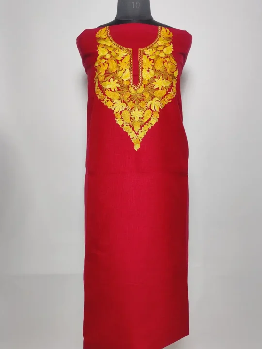 Maroon 2pc Kashmiri Suit Material Rehba with Aari Embroidery in Ruby Cotton