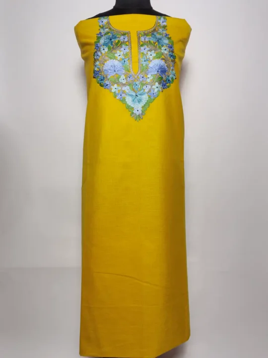 2pc Yellow Unstiched Suit with Aari Embroidery in Ruby Cotton Nazneen