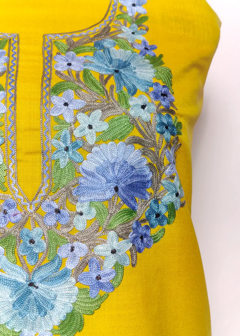 2pc Yellow Unstiched Suit with Aari Embroidery in Ruby Cotton Nazneen - Image 3