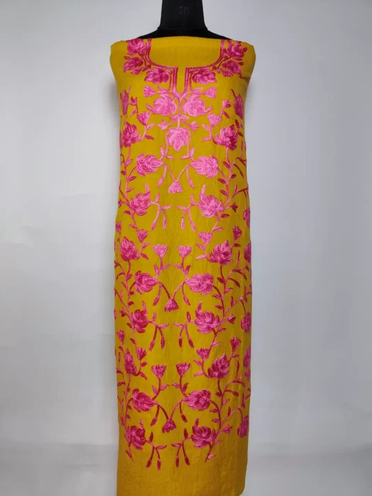 Tafseel Kashmiri 2pc Suit Set in Mustard Crush Cotton with Chinar Jaal | Akh Rang Aari Embroidery (Copy)