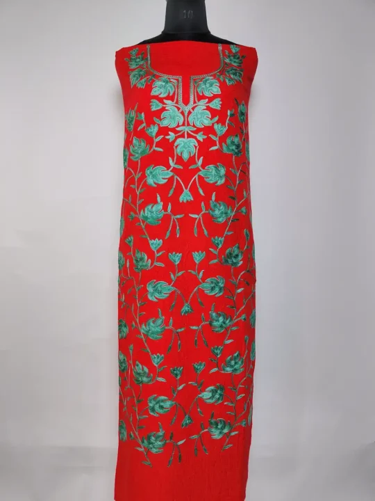 2pc Red Designer Suit Crush Cotton with Chinar Jaal | Akh Rang Aari Work Gulnar