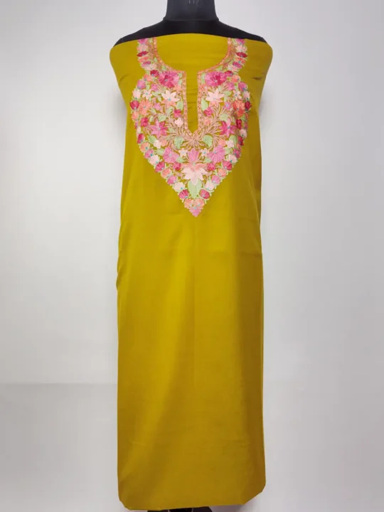 2pc Mehandi Green Kashmiri Embroidered Suit with Aari in Summer Cool Cotton Fiza