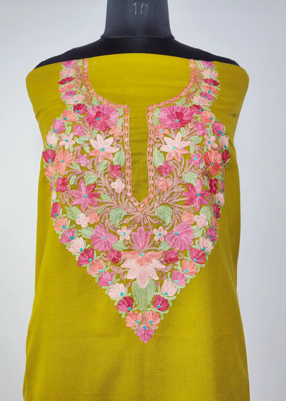 2pc Mehandi Green Kashmiri Embroidered Suit with Aari in Summer Cool Cotton Fiza - Image 2