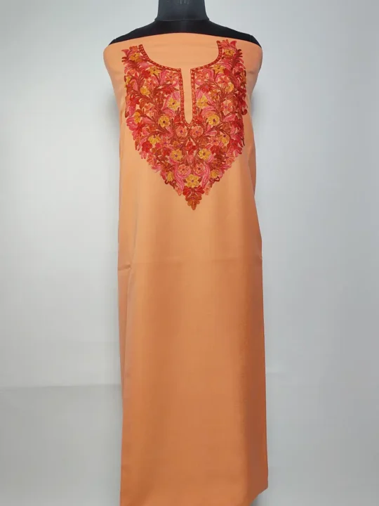Peach 2pc Kashmiri Suit Material in Summer Cool Cotton with Aari Embroidery Jasmin