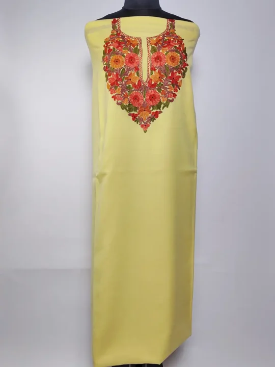 Yasmin Pastel Yellow 2pc Kashmiri Suit Set in Summer Cool Cotton with Aari Embroidery