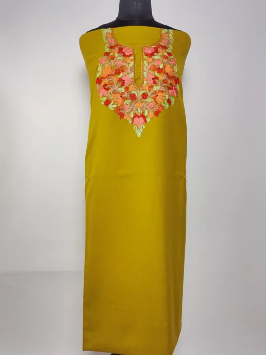 2pc Mehandi Green Kashmiri Unstiched Suit in Summer Cool Cotton with Aari Work