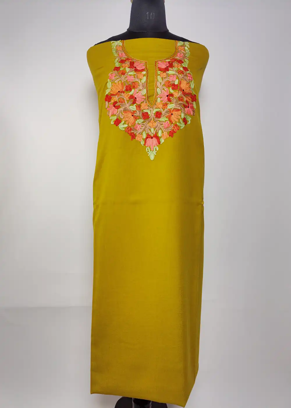 2pc Mehandi Green Kashmiri Unstiched Suit in Summer Cool Cotton with Aari Work