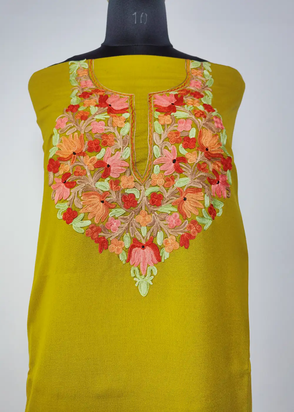 2pc Mehandi Green Kashmiri Unstiched Suit in Summer Cool Cotton with Aari Work - Image 2