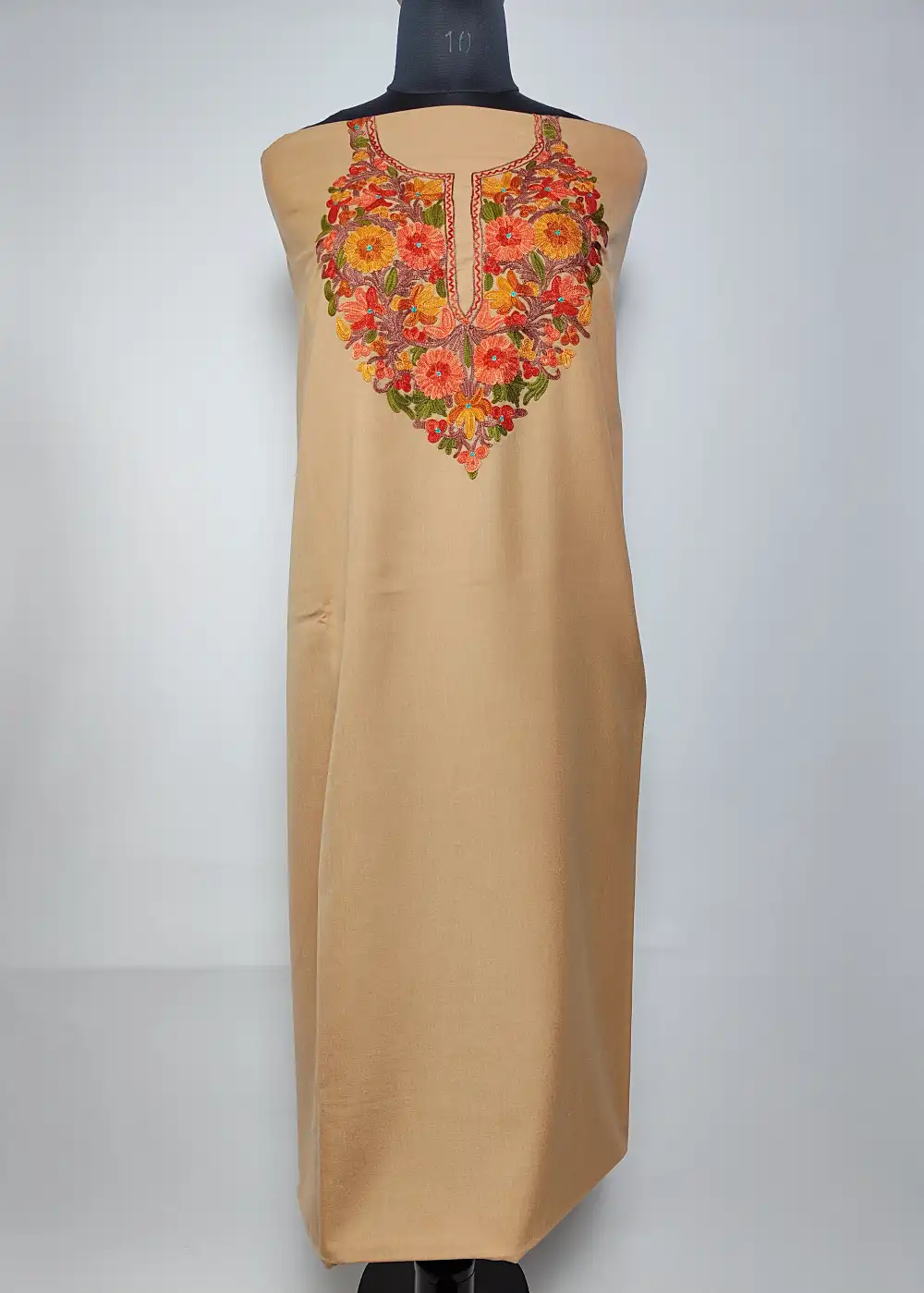 Beige 2pc Kashmiri Salwar Kameez Suit in Summer Cool Cotton with Aari Embroidery