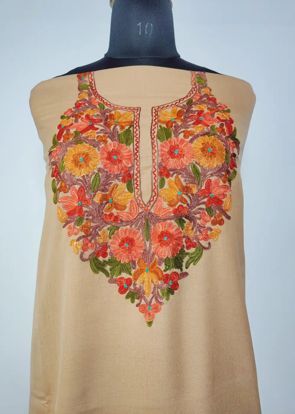 Beige 2pc Kashmiri Salwar Kameez Suit in Summer Cool Cotton with Aari Embroidery - Image 2