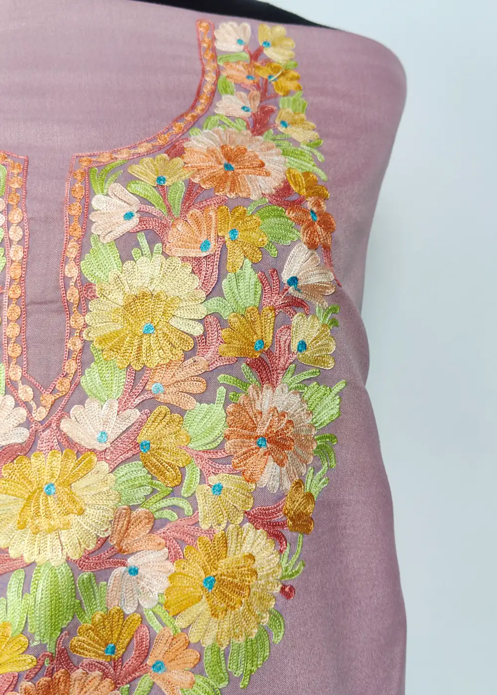 Gulbahar Lavender 2pc Kashmiri Unstiched Suit in Summer Cool Cotton with Aari Embroidery - Image 3