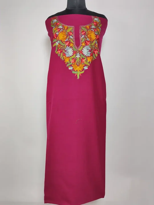 Maroon 2pc Suit Material with Hand Aari Embroidery in Summer Cool Cotton Nazreen