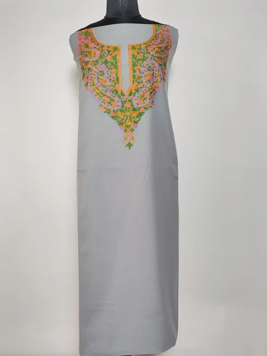 2pc Grey Salwar Kameez Suit in Summer Cool Cotton Sifat with Hand Aari Embroidery Jannat