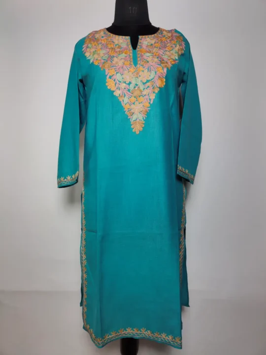 Green Long Cotton Kashmiri Kurti with Inaya Aari Embroidery