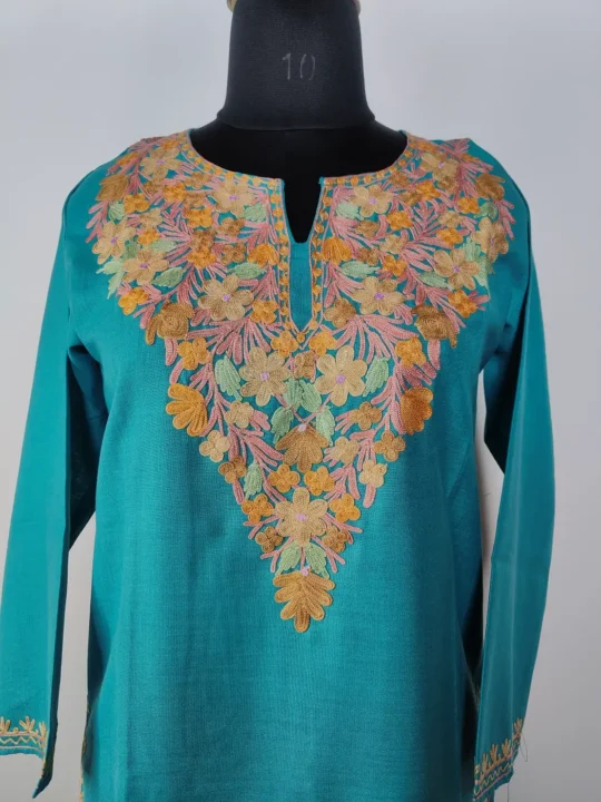 Green Long Cotton Kurti with Inaya Aari Embroidery