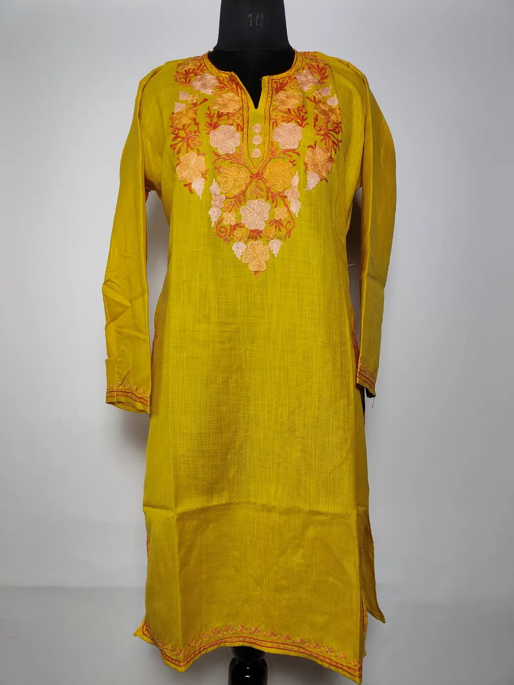 Kashmiri Raunaq Mustard Long Cotton Kurti with Aari Embroidery