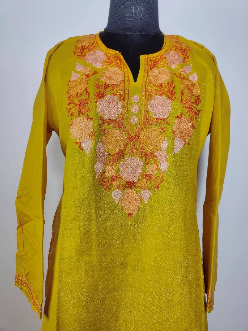 Raunaq Mustard Long Cotton Kurti with Aari Embroidery