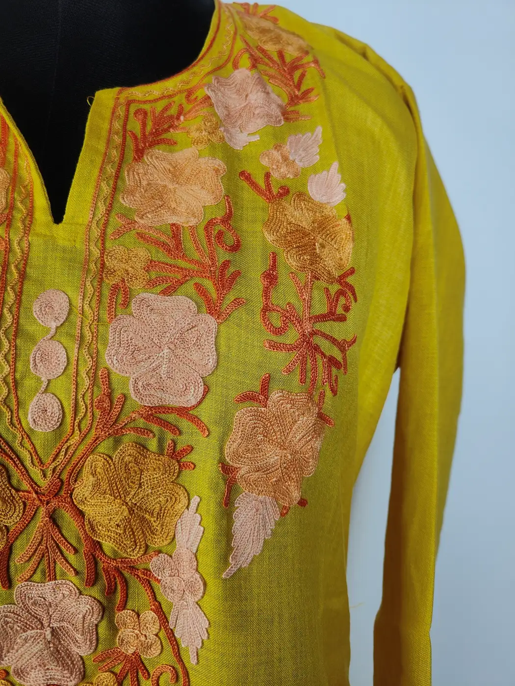 Kashmiri Raunaq Mustard Long Cotton Kurti with Aari Embroidery - Image 3