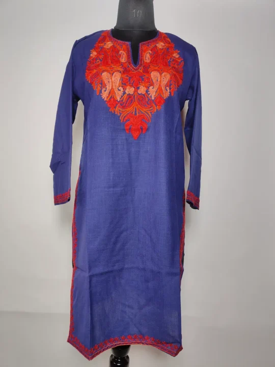 Dark Blue Kashmiri Long Cotton Mehr Kurti with Aari Embroidery