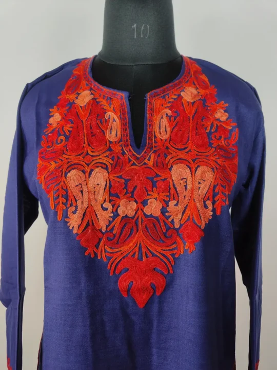 Dark Blue Long Cotton Mehr Kurti with Aari Embroidery
