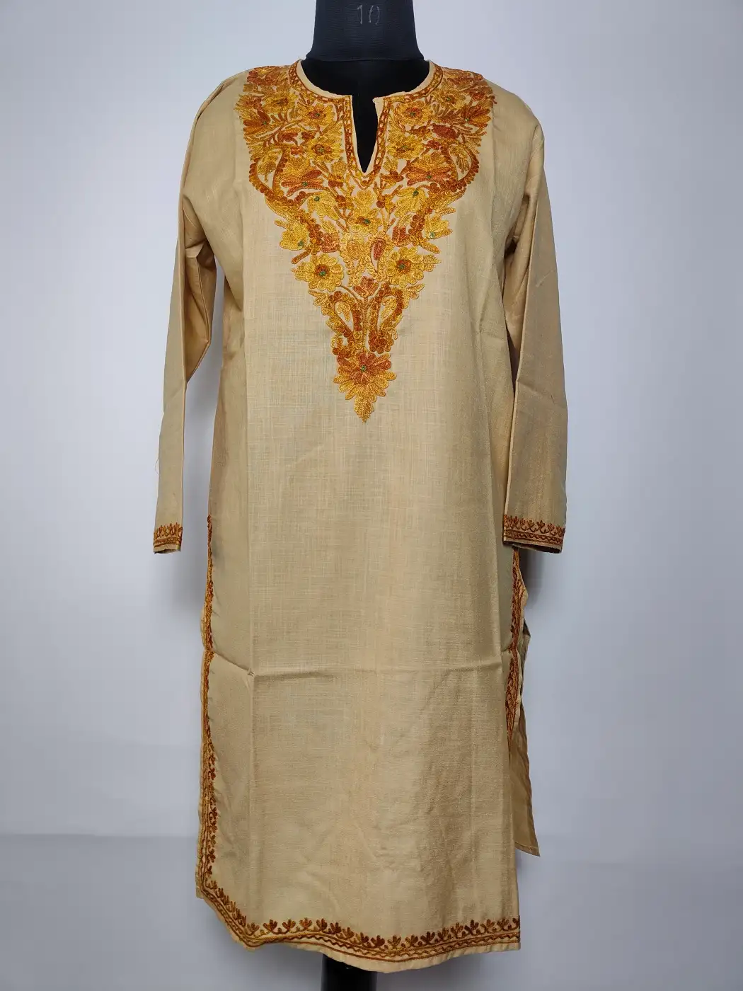 Beige Long Kashmiri Cotton Mehr Kurti with Aari Embroidery Gulzar