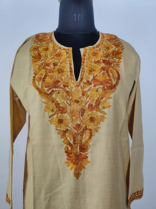 Beige Long Cotton Mehr Kurti with Aari Embroidery Gulzar