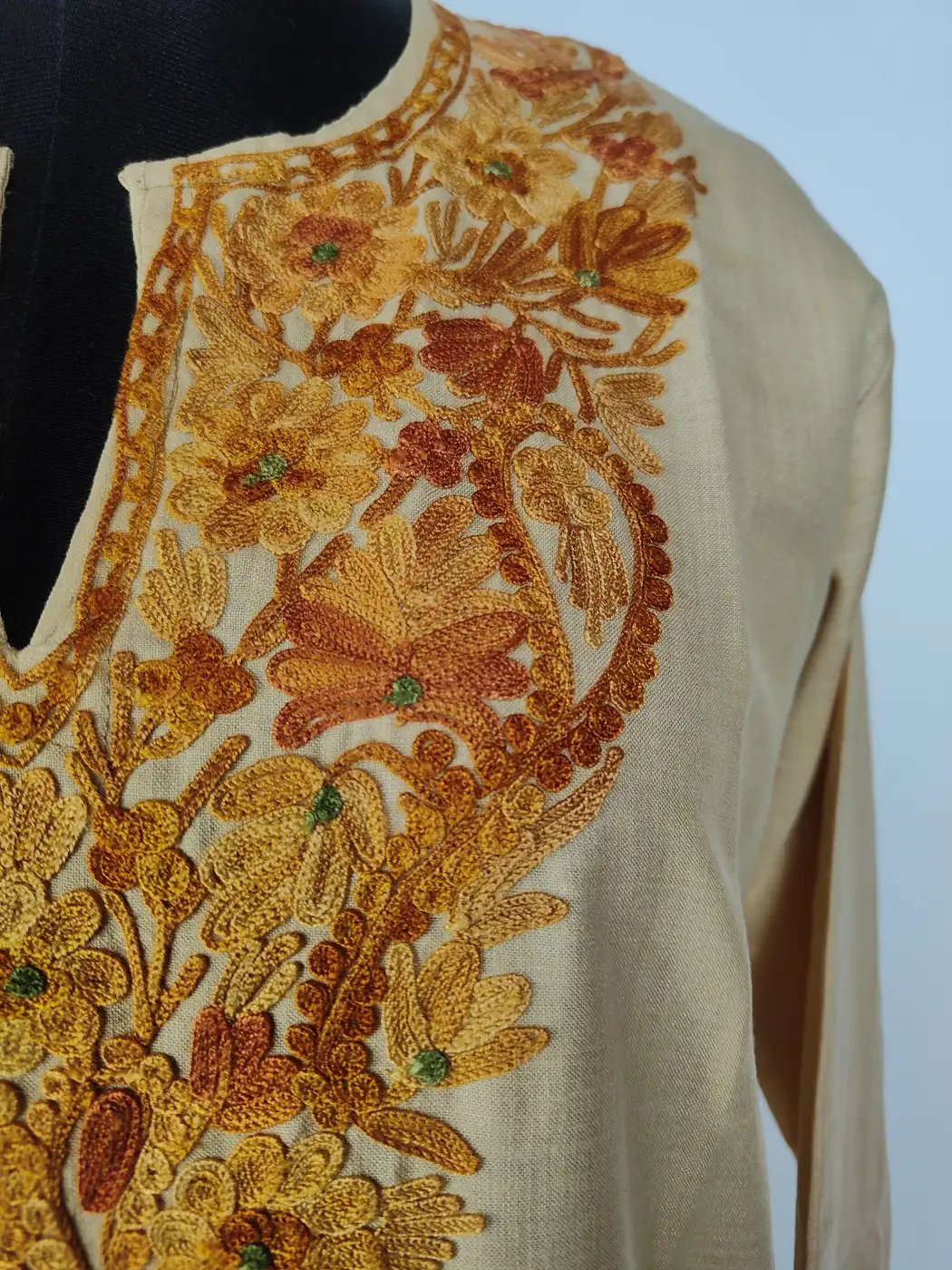 Beige Long Kashmiri Cotton Mehr Kurti with Aari Embroidery Gulzar - Image 3