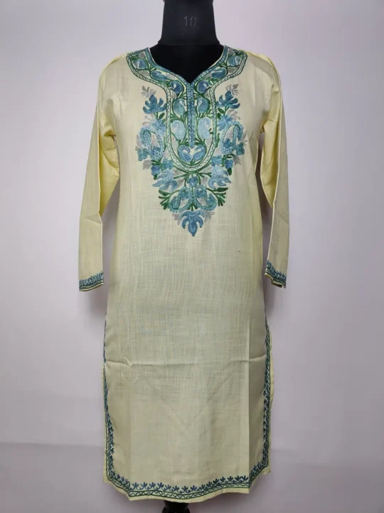Long Cotton Nigar Cream Kashmiri Kurti with Aari Embroidery
