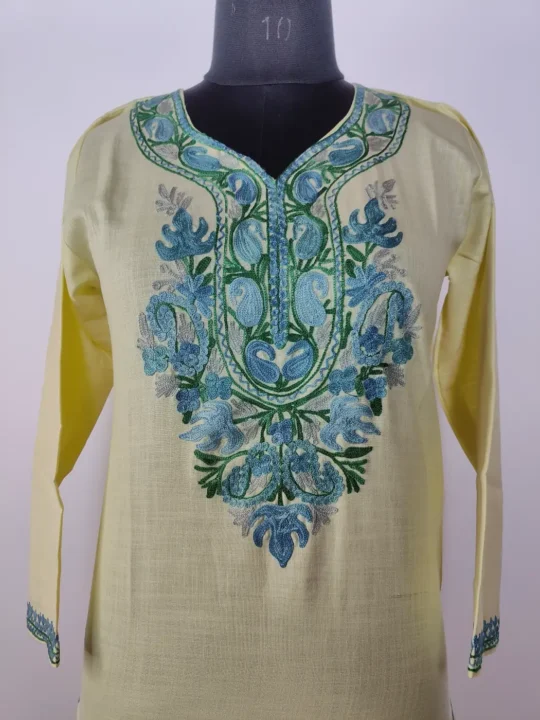 Long Cotton Nigar Cream Kurti with Aari Embroidery