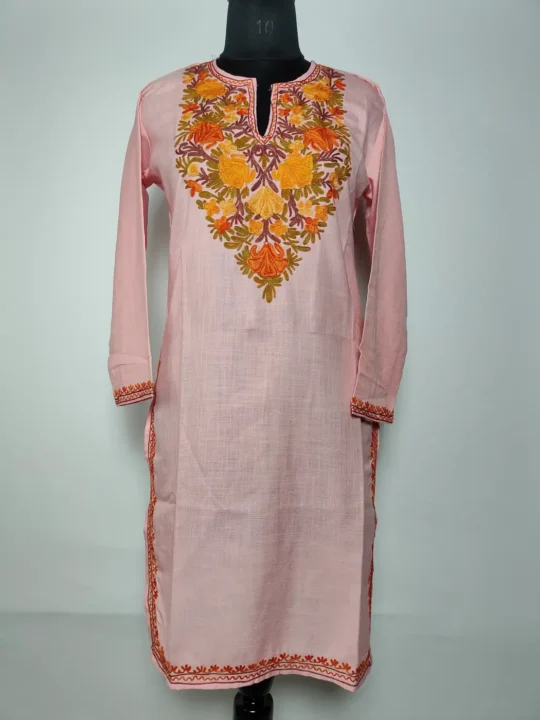 Kashmiri Dilkash Long Cotton Pink Kurti with Aari Embroidery