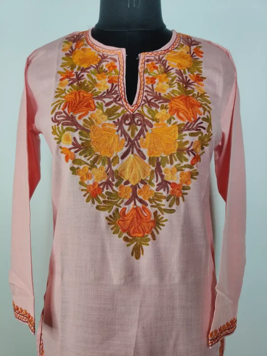 Dilkash Long Cotton Pink Kurti with Aari Embroidery