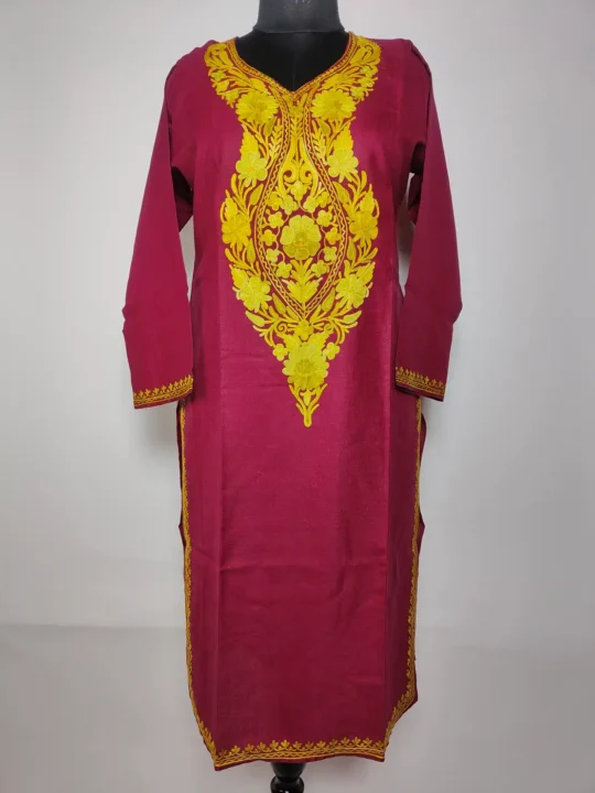 Maroon Kashmiri Long Cotton Zeba  Kurti with Aari Embroidery