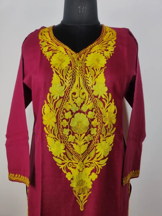 Maroon Long Cotton Zeba Kurti with Aari Embroidery