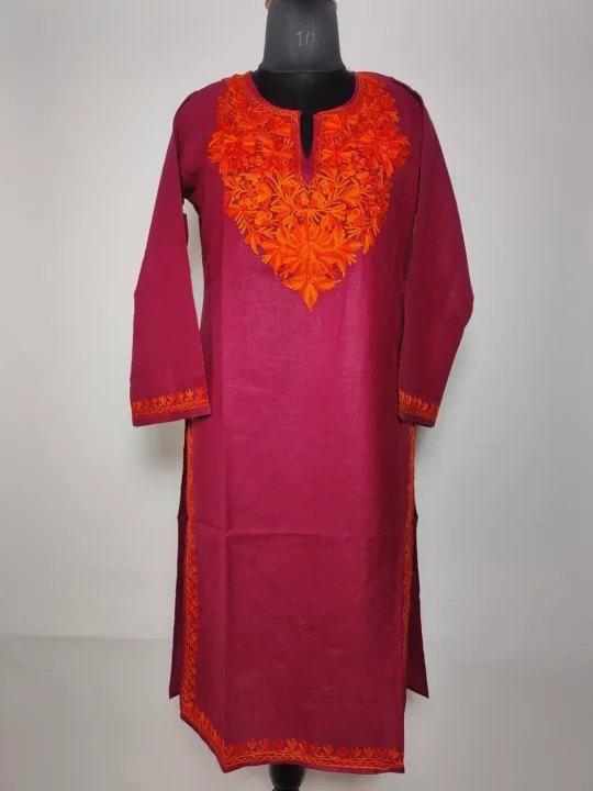 Fareed Kashmiri Maroon Long Cotton Kurti with Aari Embroidery