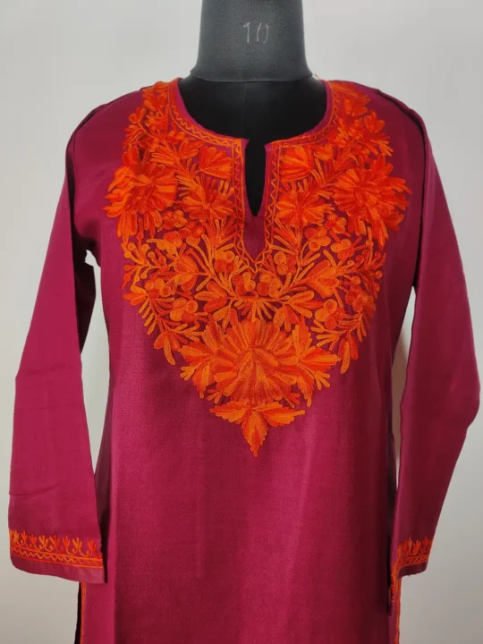 Fareed Maroon Long Cotton Kurti with Aari Embroidery
