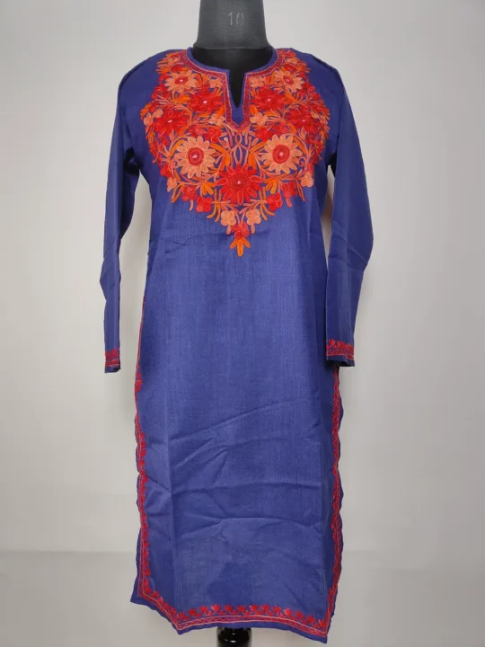 Long Haseen Kashmiri Dark Blue Cotton Kurti with Aari Embroidery