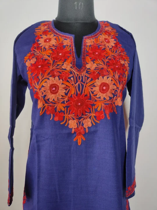 Long Haseen Dark Blue Cotton Kurti with Aari Embroidery