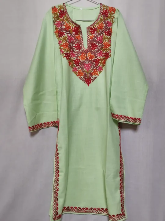 Kashmiri Pastel Green Long Cotton Kurti with Aari Embroidery Noor
