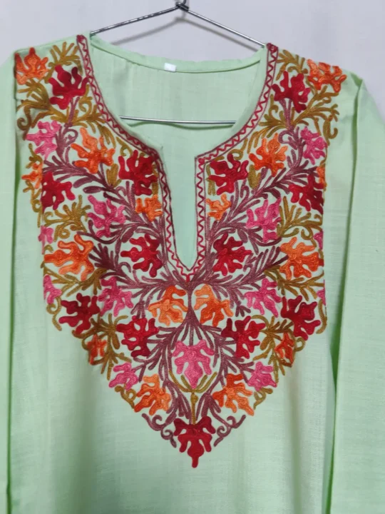 Pastel Green Long Cotton Kurti with Aari Embroidery Noor