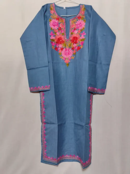Mahjabeen Dark Grey Long Cotton Kashmiri Kurti with Aari Embroidery