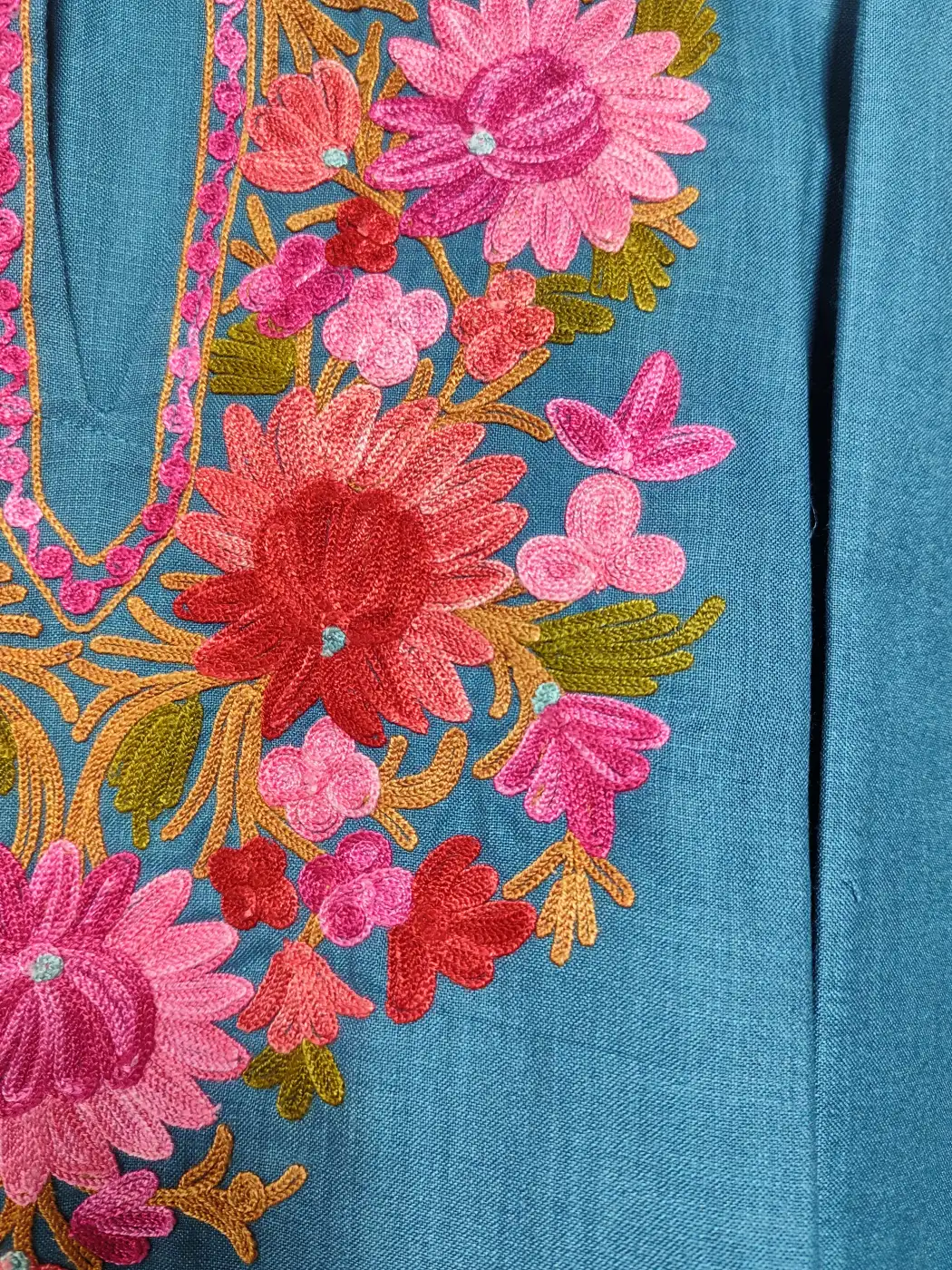 Mahjabeen Dark Grey Long Cotton Kashmiri Kurti with Aari Embroidery - Image 3