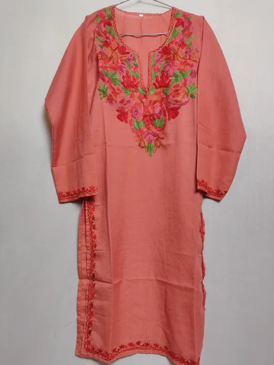 Coral Pink Kashmiri Summer Cool Cotton Kurti with Aari Work Zareen