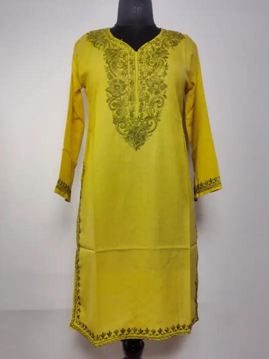 Mustard Summer Cool Cotton Sadaf Kurti | Kashmiri Aari Embroidery