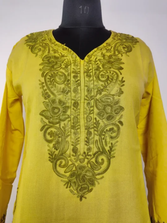 Mustard Summer Cool Cotton Sadaf Kurti | Aari Embroidery
