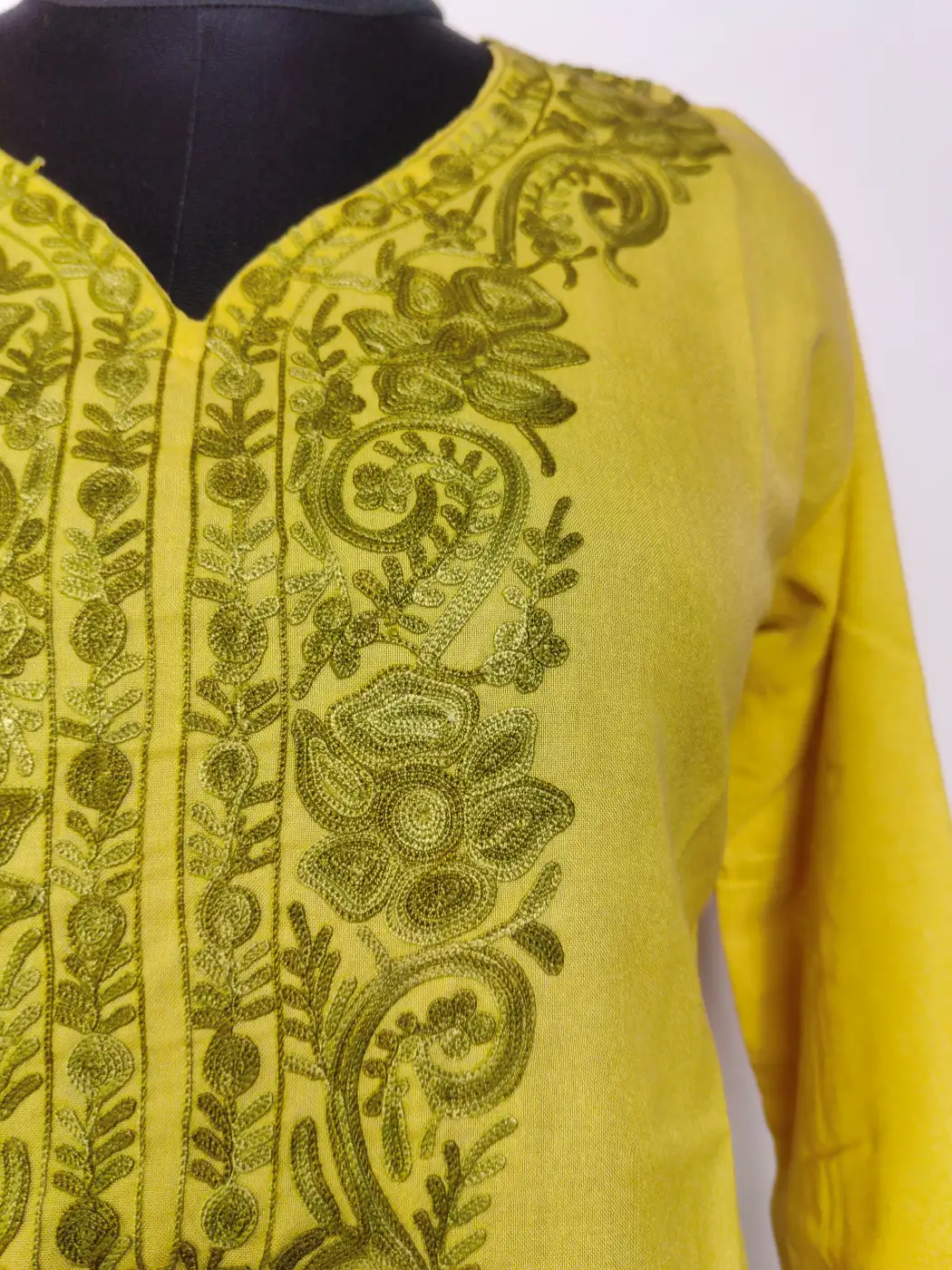 Mustard Summer Cool Cotton Sadaf Kurti | Kashmiri Aari Embroidery - Image 2
