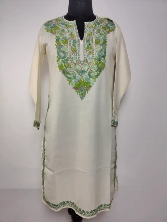 White Kashmiri Summer Cool Cotton Sadaf Kurti | Aari Embroidery Zareen