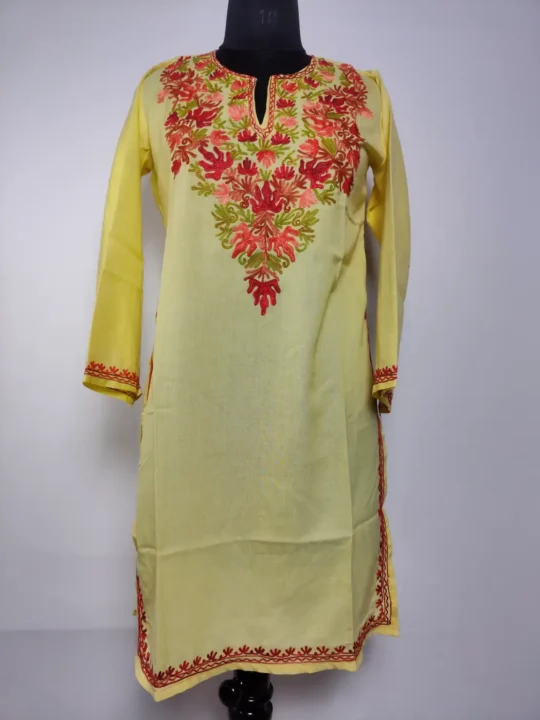 Kashmiri Fitoor Pastel Yellow Summer Cool Cotton Sadaf Kurti | Aari Embroidery