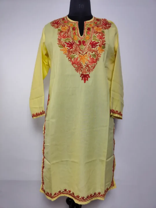 Kashmiri Pastel Yellow Summer Cool Cotton Kurti Aabroo | Aari Embroidery